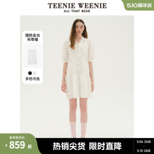 连衣裙黑色女 TeenieWeenie小熊2024新款 设计感镂空花边宽松灯笼袖