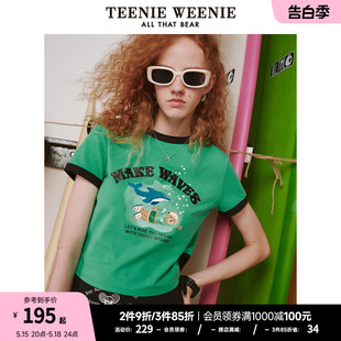 撞色抽绳休闲莱赛尔T恤女 TeenieWeenie小熊夏季 圆领短袖