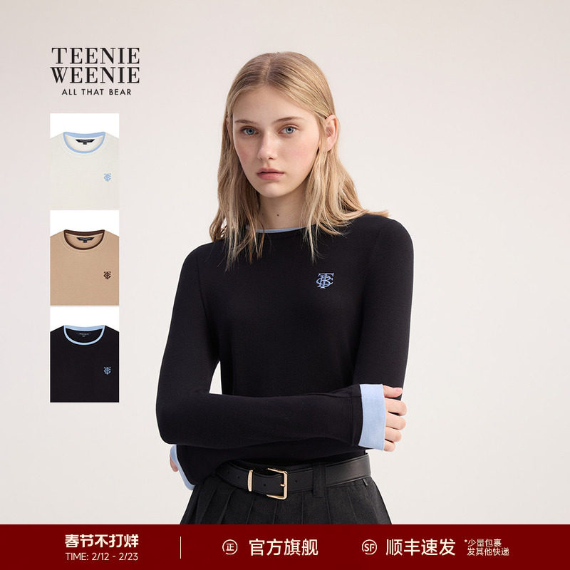 TeenieWeenie小熊女装T恤2025秋季新款简约线条撞色