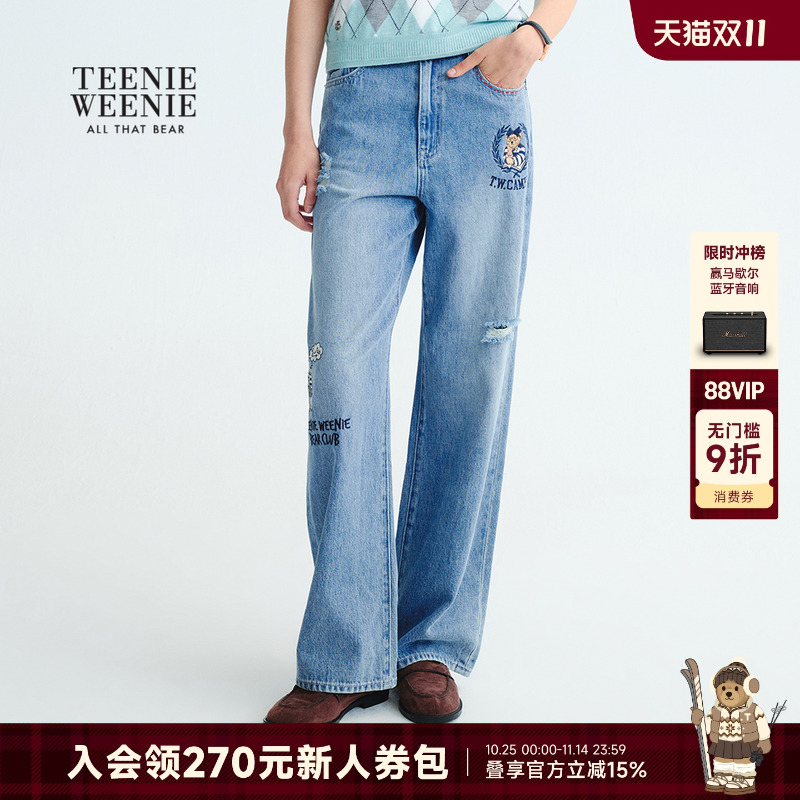TeenieWeenie小熊女装牛仔裤2025年秋季新款萌趣刺绣破洞个性长裤