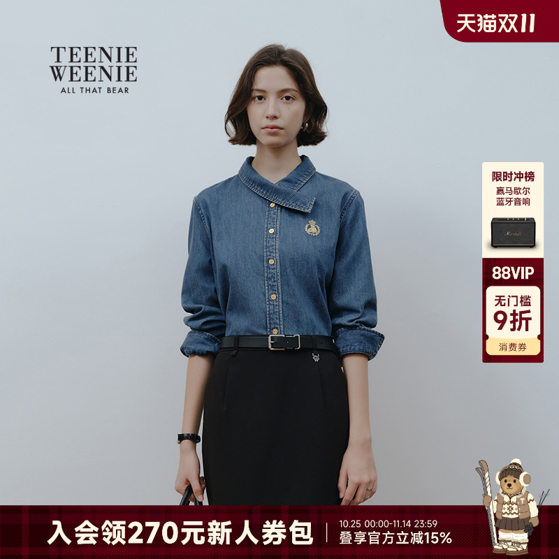 TeenieWeenie小熊女装衬衫2025秋新款休闲舒适不对称领型牛仔上衣