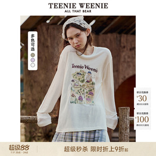 TeenieWeenie小熊女装甜美清新田园印花氧气感微透长袖T恤打底衫