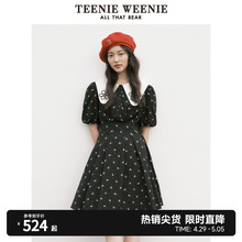 TeenieWeenie小熊翻领提花连衣裙娃娃领收腰A字裙甜美淑女裙夏款