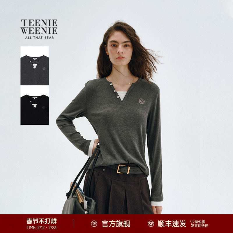 TeenieWeenie小熊女装柔软复古亨利V领T恤合身拼接长袖