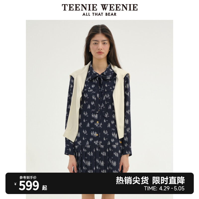 TeenieWeenie小熊2024年柔软雪纺百褶满印衬衫连衣裙气质长裙