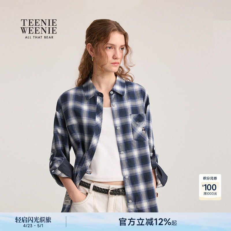 TeenieWeenie小熊女装春秋休闲宽松学院风刺绣长袖格纹衬衫外套