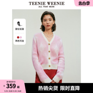 TeenieWeenie小熊2024年春装新款马海毛混纺红色毛衣慵懒针织开衫