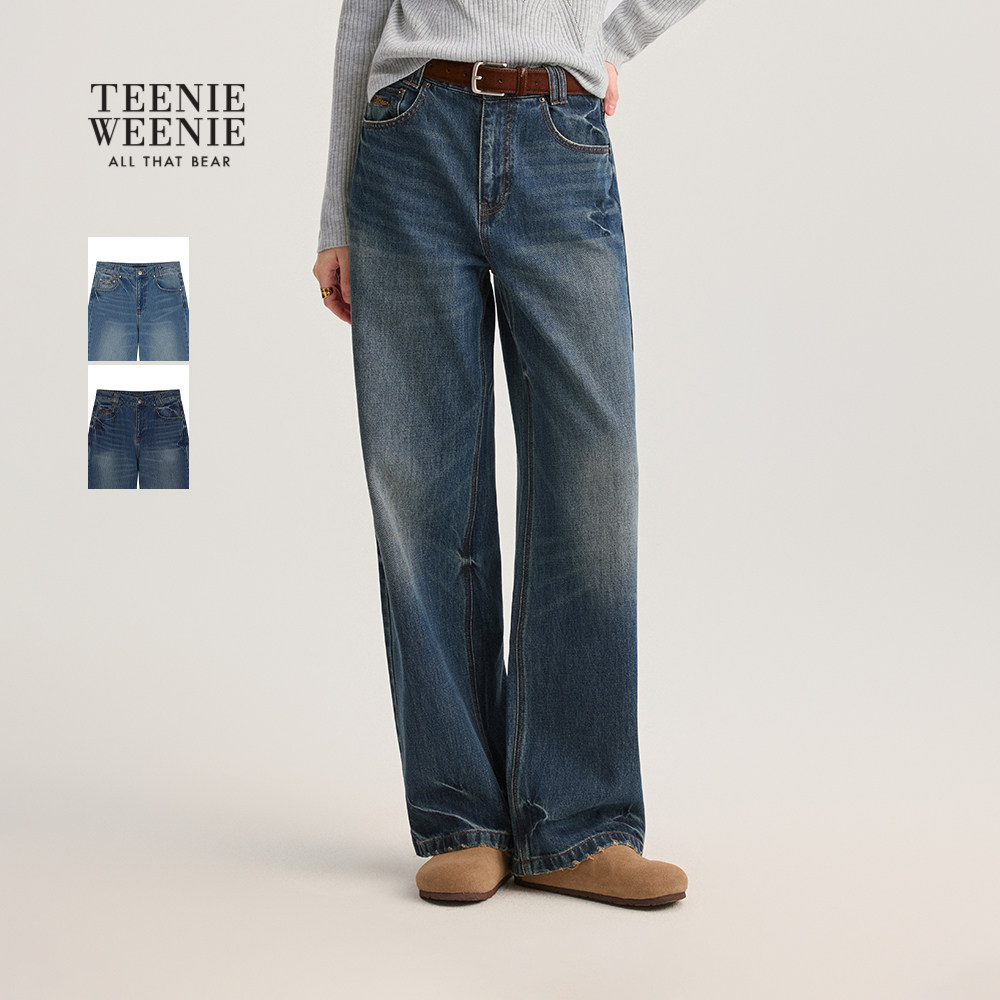 TeenieWeenie小熊女装牛仔裤秋冬季舒适宽松简约刺绣长裤