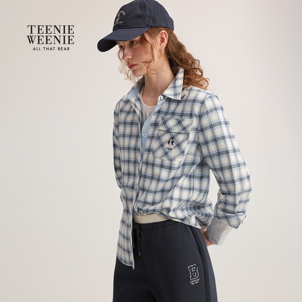 TeenieWeenie小熊女装春秋季简约舒适宽松复古学院风蓝白格纹衬衫