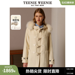 TeenieWeenie小熊冬季 小个子 带毛领牛角扣毛呢大衣呢子外套中长款