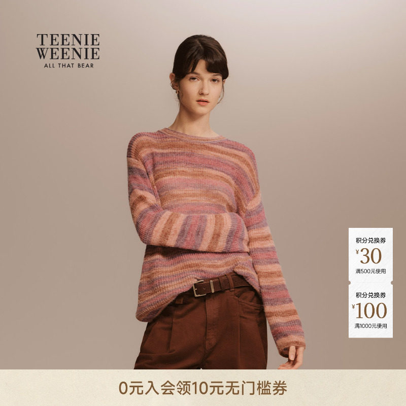 TeenieWeenie小熊女装毛针织衫26春夏款时尚舒适圆领条纹套头毛衣