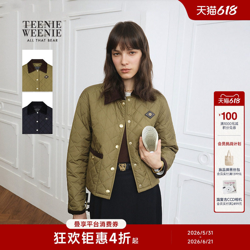 TeenieWeenie小熊女装棉服秋冬季复古灯芯绒撞色绗缝翻领棉衣外套