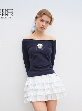 TEENIEWEENIE bearnova2025年秋季新款女装一字肩俏皮印花长袖T恤