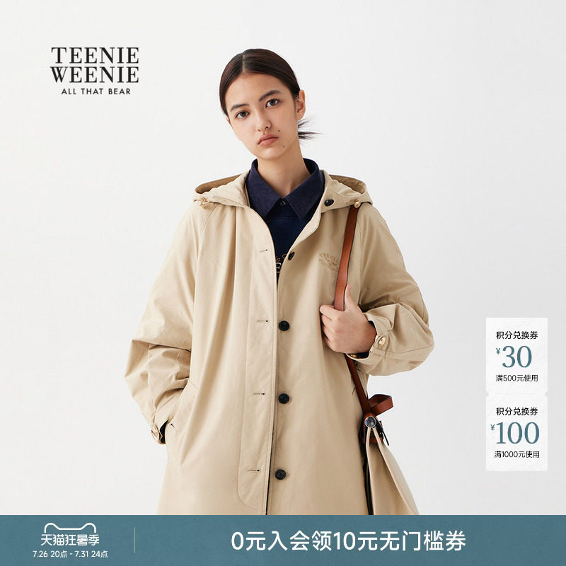 TeenieWeenie小熊女装冬季简约轻便保暖中长款连帽棉服外套棉衣