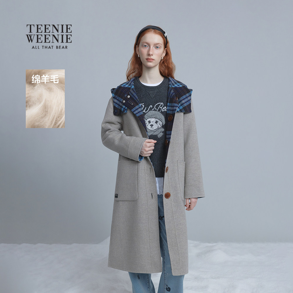 TeenieWeenie小熊女装毛呢大衣25年冬新款双面穿长款灰色带帽外套
