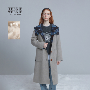 TeenieWeenie小熊女装毛呢大衣25年冬新款双面穿长款灰色带帽外套