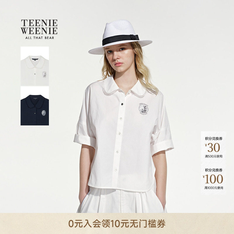 TeenieWeenie小熊女装26夏季新款时尚俏皮娃娃领蕾丝泡泡袖衬衫