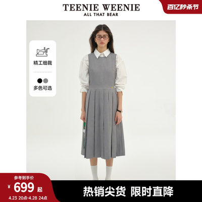 TeenieWeenie小熊2024年无袖长款修身连衣裙黑色收腰百褶知识分子