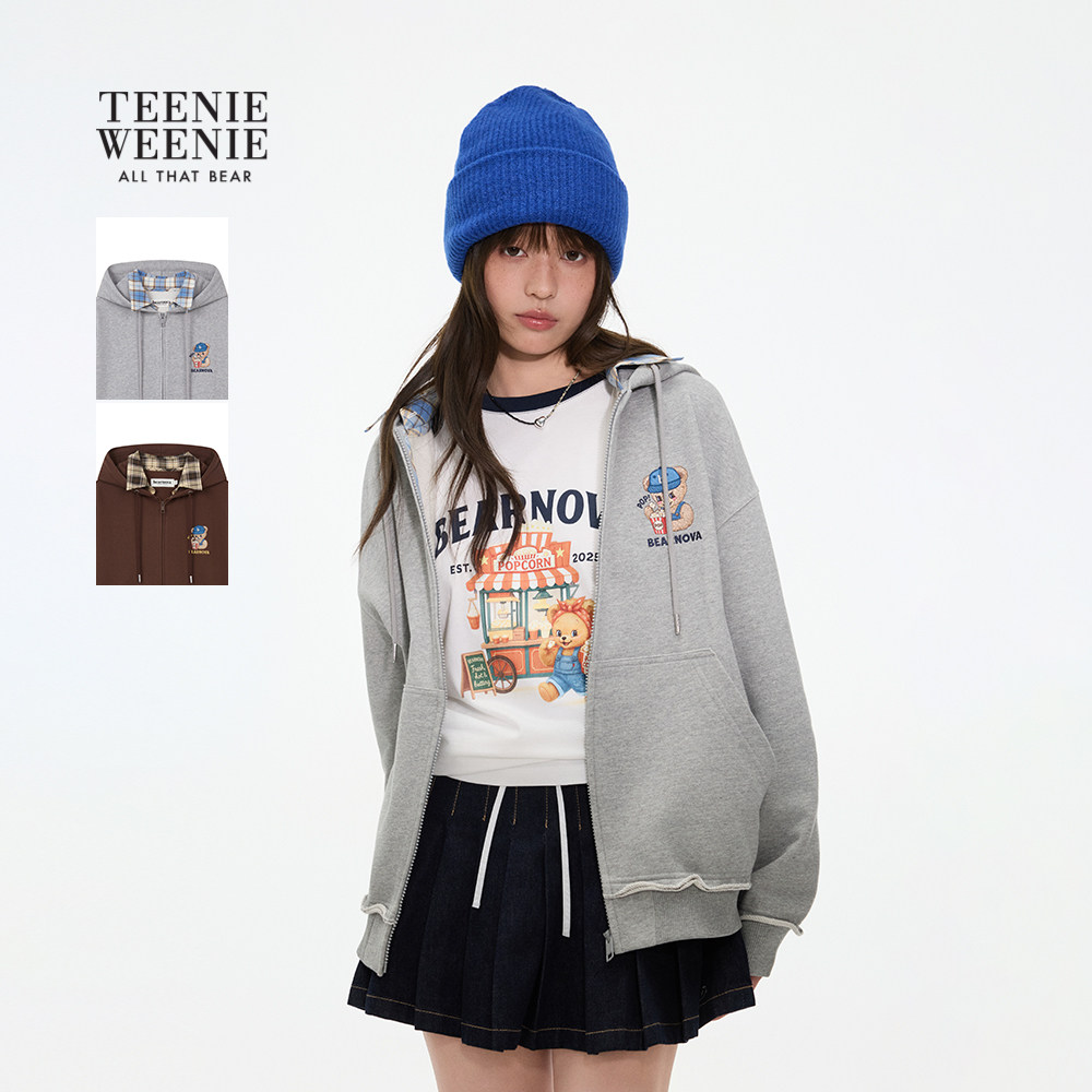 TEENIEWEENIE bearnova26春新款女格子拼接小熊刺绣连帽卫衣开衫