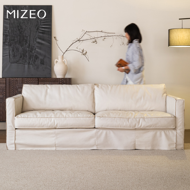 MIZEO 米卓/法式奶油全真皮艺沙发中古风直排小户型客厅白色沙发