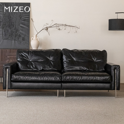 MIZEO 米卓/中古头层真皮沙发黑色油蜡中古风星空客厅直排沙发