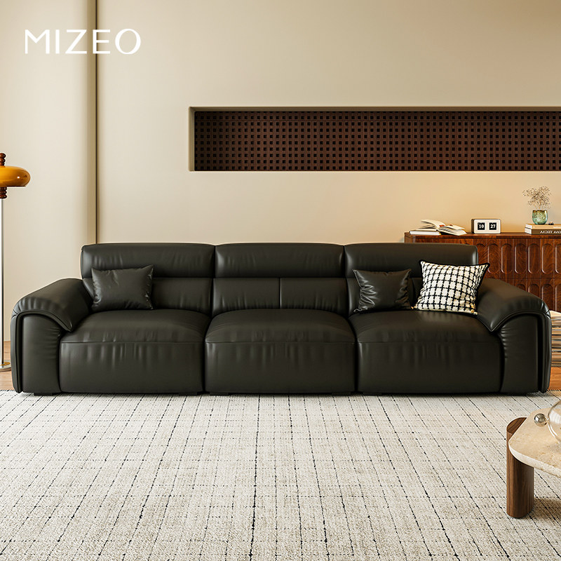 MIZEO 米卓/中古风沙发意式现代极简客厅头层真皮直排黑色沙发