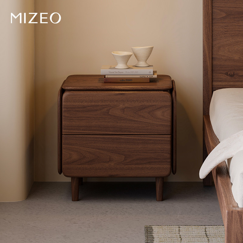 MIZEO 米卓/北美黑胡桃木现代中古风床头柜卧室中式极简抽屉柜子