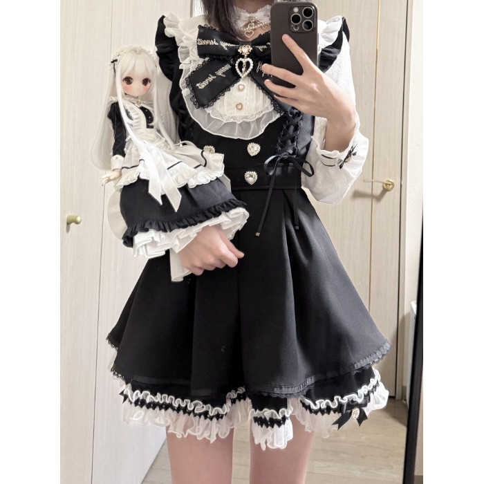 学院风少女感拼接长袖连衣裙高腰连衣裙