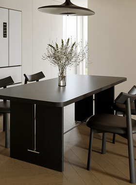 复古实木下挂岩板黑色中古风餐桌椅组合小户型设计师简约现代家用