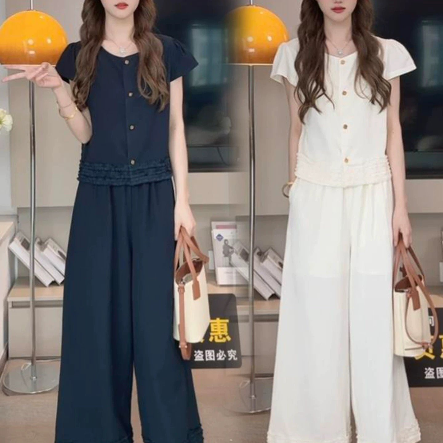 时尚套装女2025夏季新款宽松显瘦花边短袖衬衫阔腿裤小个子两件套