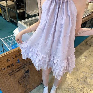 纯欲浅紫挂脖清新甜美荷叶边中长款 上衣无袖 碎花减龄新款 女装