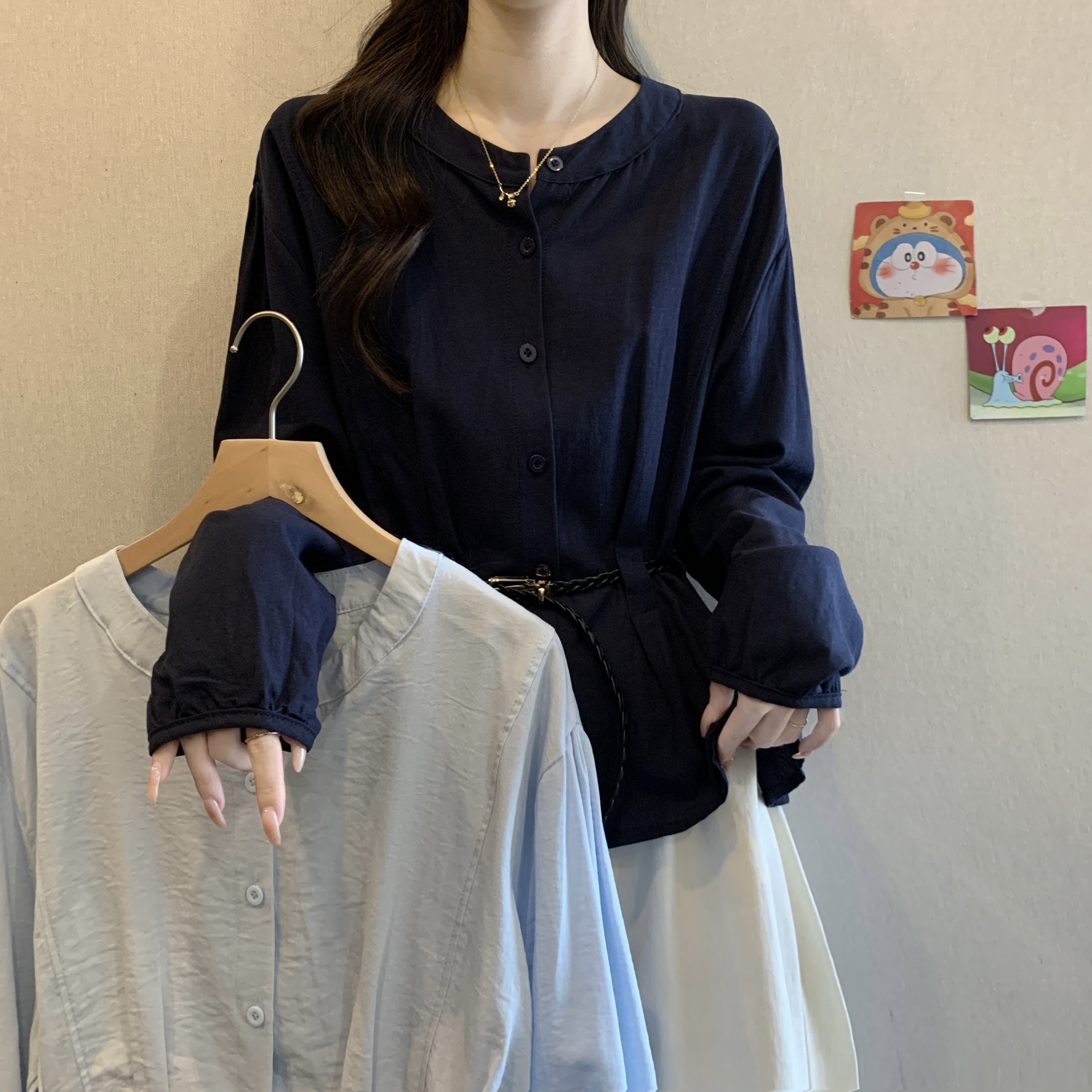 设计感藏蓝色正肩长袖衬衫女2025早秋新款胖MM收腰显瘦气质上衣