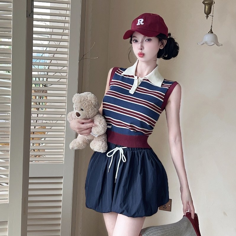 实拍复古甜妹套装polo领条纹背心女夏季高腰显瘦半身裙两件套