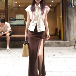 短袖 2025夏季 气质翻领修身 新款 上衣高腰显瘦开叉A字半身裙 女法式