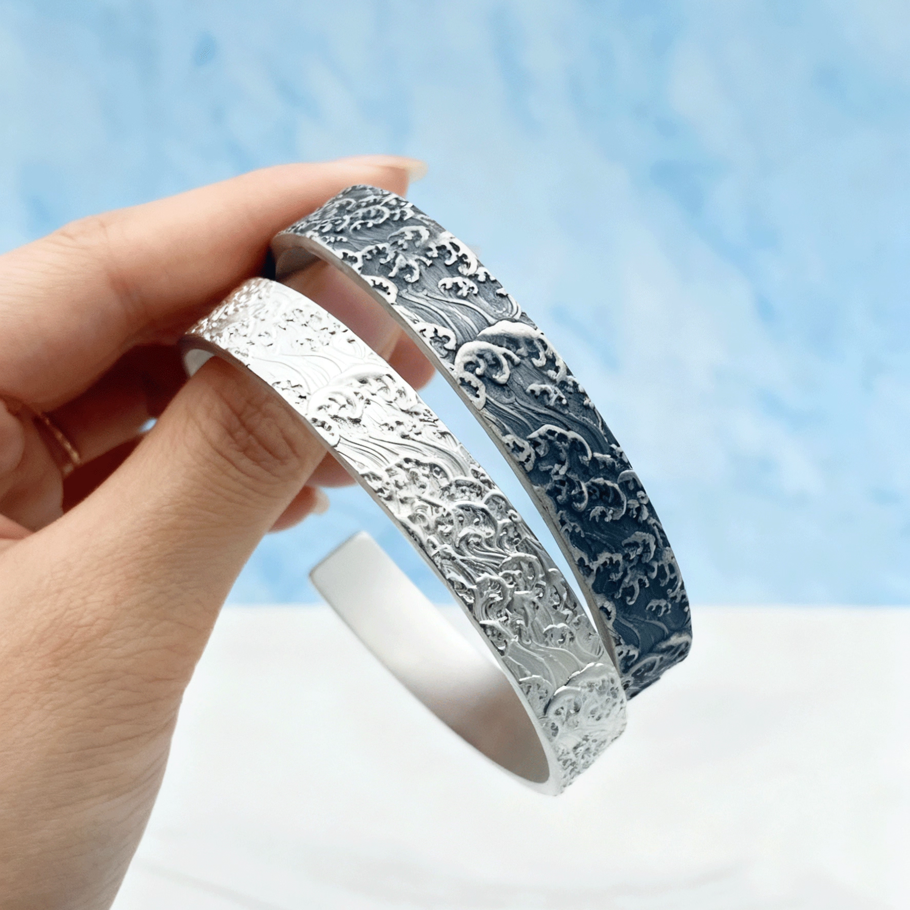 手工纯银999海浪古法足银手镯