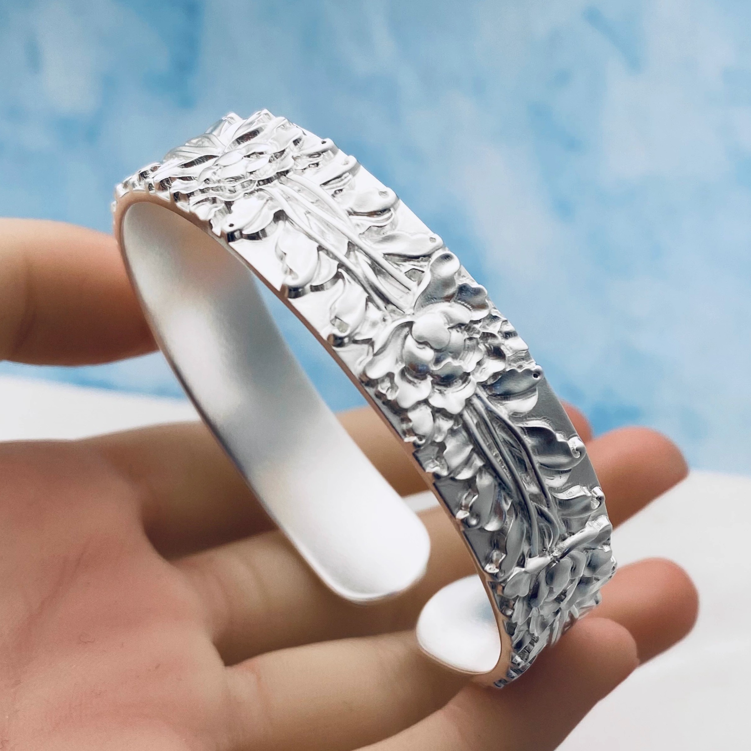 手工纯银999手镯玫瑰缠枝古法足银如意手环复古风雕花女开口中式