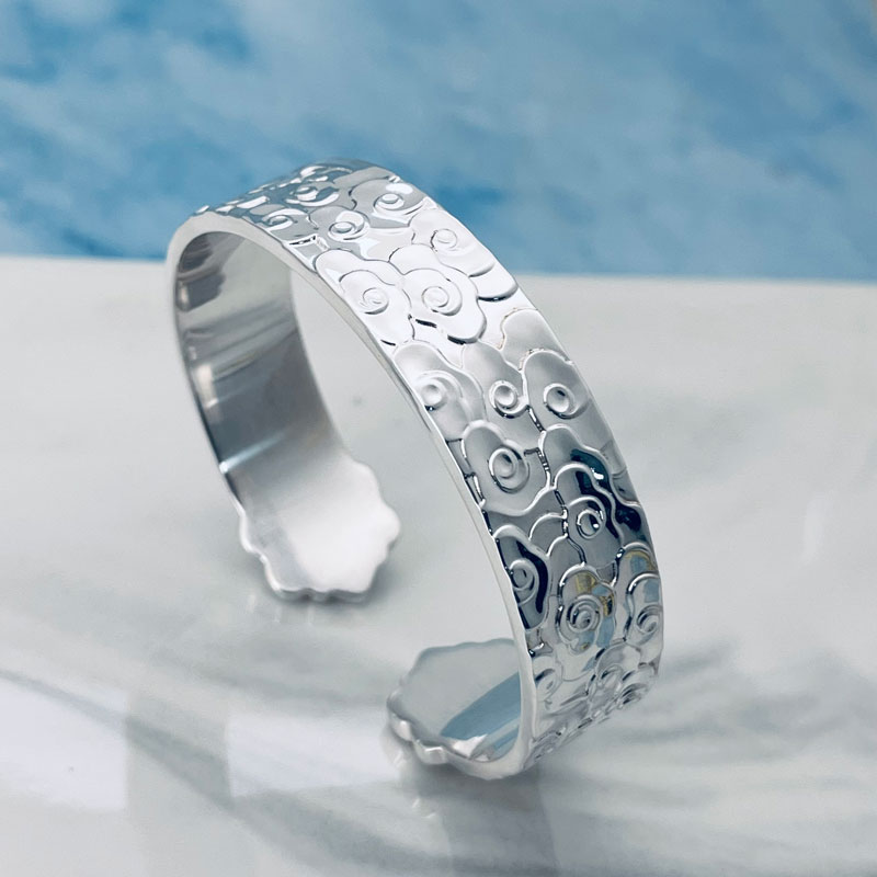 复古999纯银手镯男古法民族风足银实心开口雪花手工祥云神兽精品