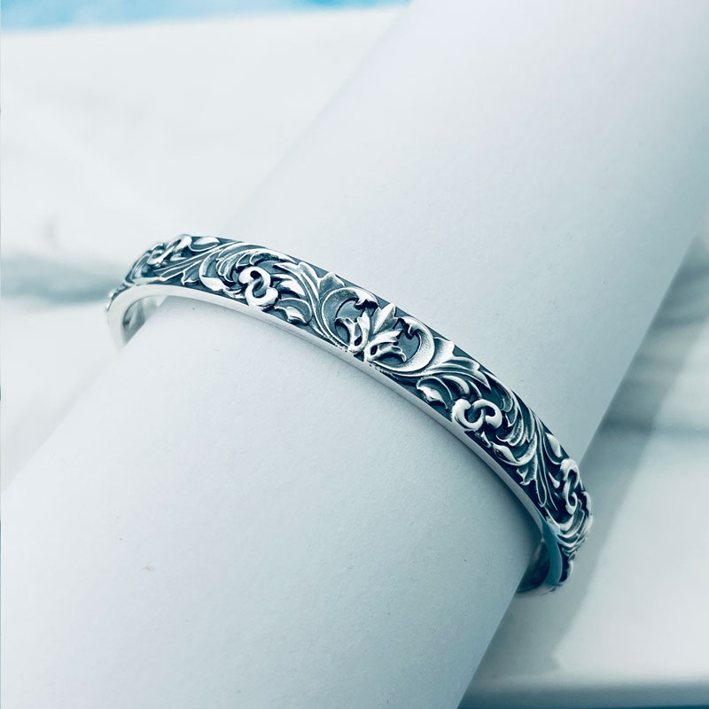 复古女纯银唐草手镯古法实心开品