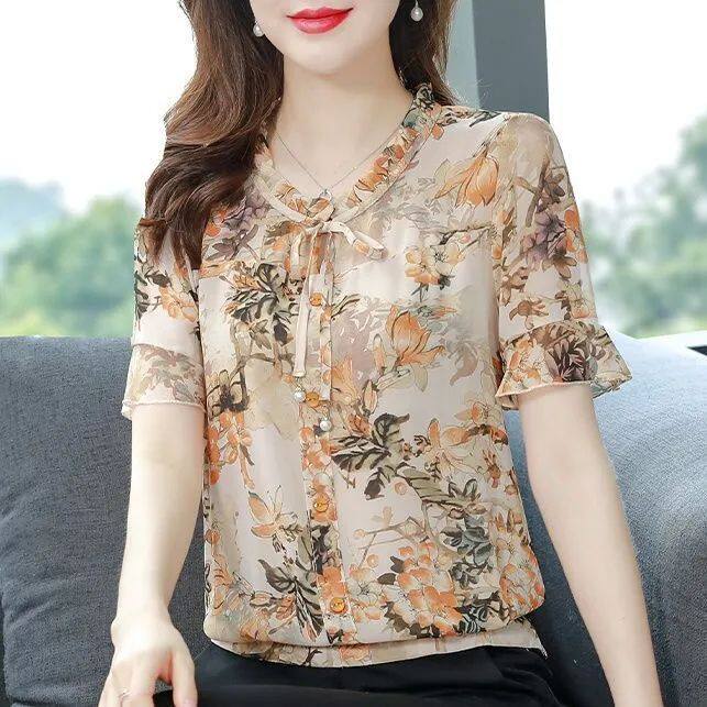 短袖2026碎花雪纺衫妈妈减龄显瘦上衣宽松小衫衬衫女夏季新款洋气