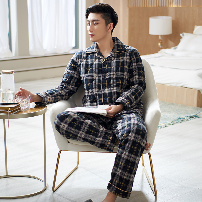 活性印染纯棉夹棉睡衣男秋冬加厚