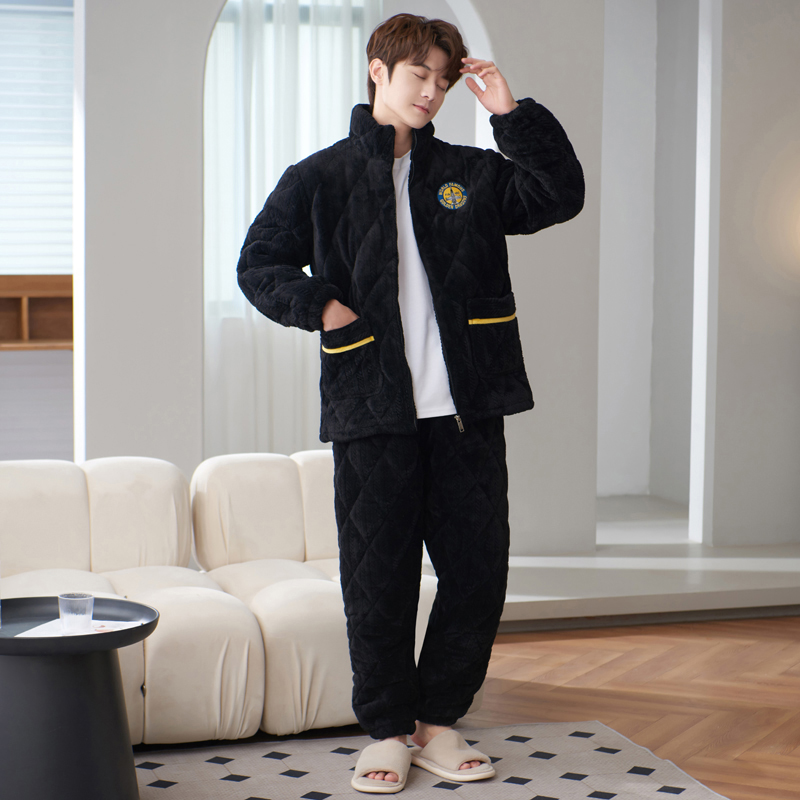 三层夹棉睡衣男冬加厚加绒中老年