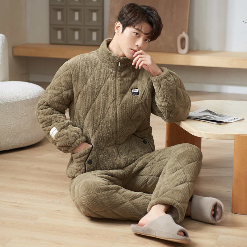 拉链睡衣男冬三层加厚珊瑚绒夹棉