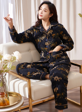 睡衣女秋冬季加厚纯棉夹棉三层中老年妈妈黑色大码保暖家居服套装