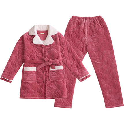 睡衣女秋冬季加厚加绒珊瑚绒三层夹棉袄湖南省服法兰绒家居服套装