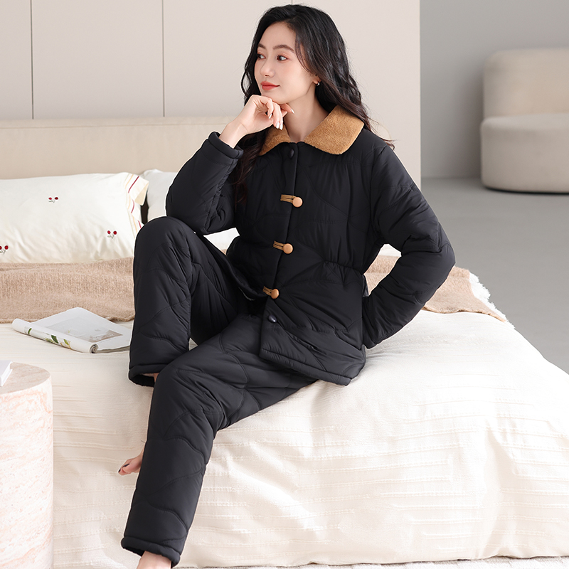 羽绒棉夹棉睡衣女冬加厚加绒套装