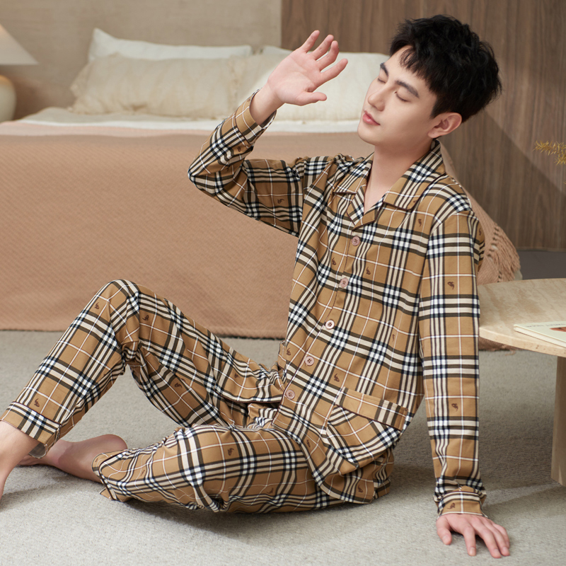 活性印染纯棉睡衣男春秋长袖套装