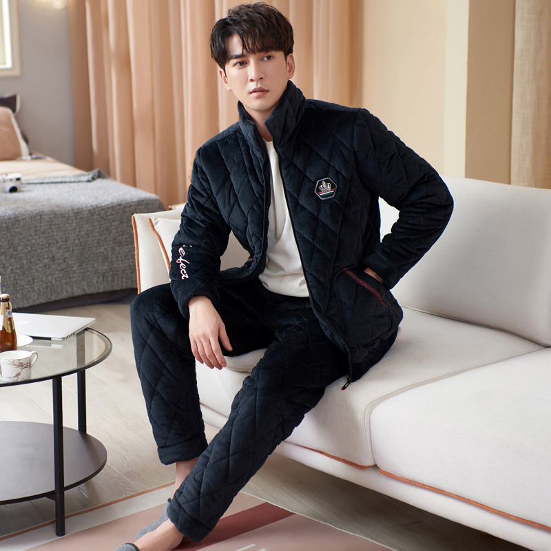 三层夹棉睡衣男冬季加厚加绒套装