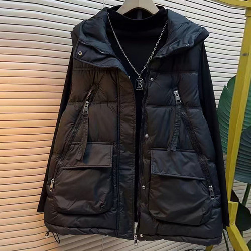 大码女秋冬连帽棉马甲多口袋通勤