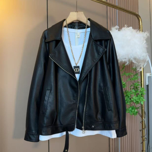 胖妹妹大码秋季新款时尚休闲皮外套女韩版洋气翻领长袖皮尤上衣潮