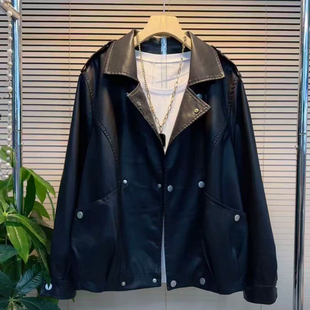 胖妹妹大码春季新款时尚机车风皮衣外套女韩版翻领钉扣皮尤夹克潮